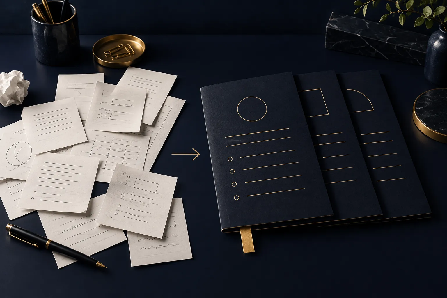 AI-generated illustration of scattered working notes becoming an organized navy-and-gold assessment plan.